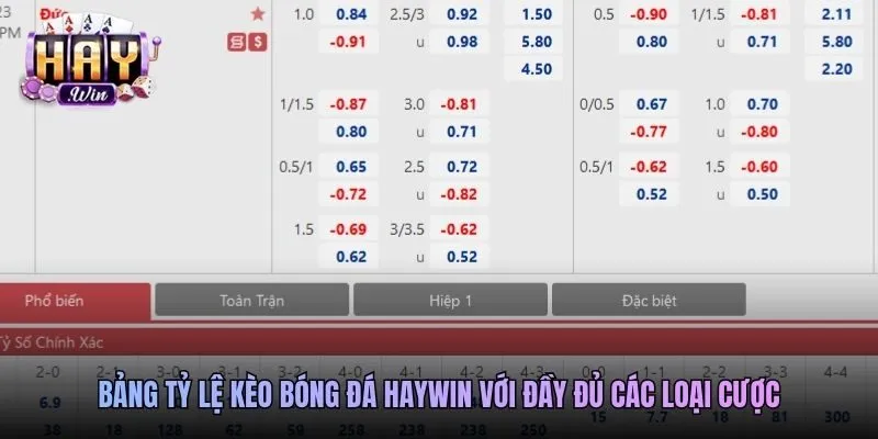 Bảng tỷ lệ kèo bóng đá Haywin với đầy đủ các loại cược