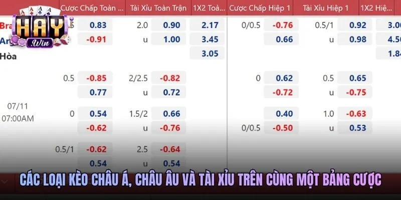 Các loại kèo châu Á, châu Âu và tài xỉu trên cùng một bảng cược